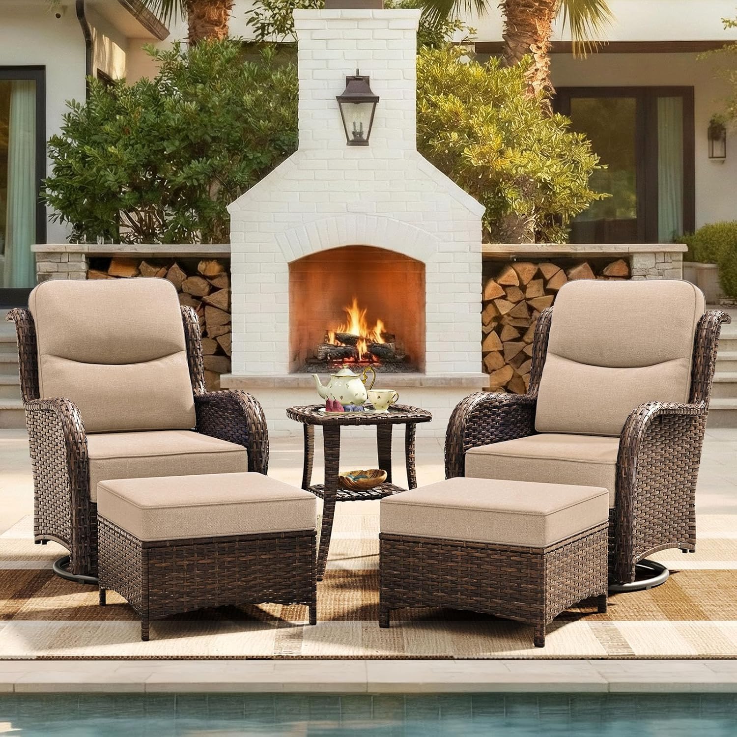Outdoor Furniture Ofo - ชุดเฟอร์นิเจอร์ลานบ้านสุดหรู พร้อมเบาะหนา 6 นิ้ว เก้าอี้โยกหมุนได้พนักพิงสูงสำหรับกลางแจ้ง วัสดุหวาย