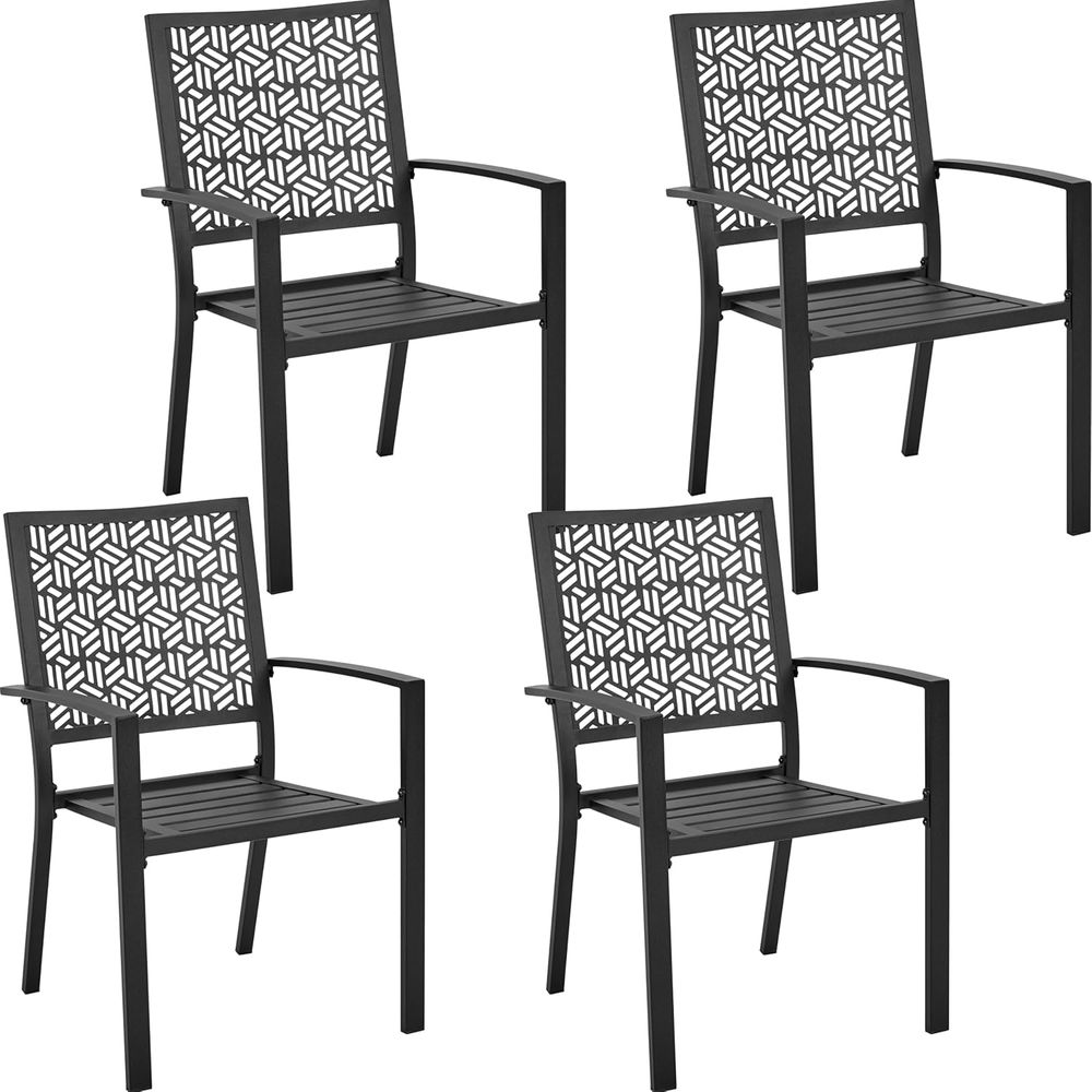 Outdoor Furniture Ofo - ชุดเก้าอี้รับประทานอาหารกลางแจ้ง 4 ตัว พร้อมที่วางแขนและโครงโลหะ เก้าอี้โลหะสีดำสำหรับกลางแจ้งแบบซ้อนเก็บได้ ทนทาน