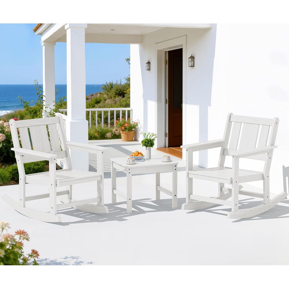 Outdoor Furniture Ofo - ชุดเก้าอี้โยกกลางแจ้ง 2 ตัวพร้อมโต๊ะข้าง, ชุดเฟอร์นิเจอร์ลานบ้าน 3 ชิ้น