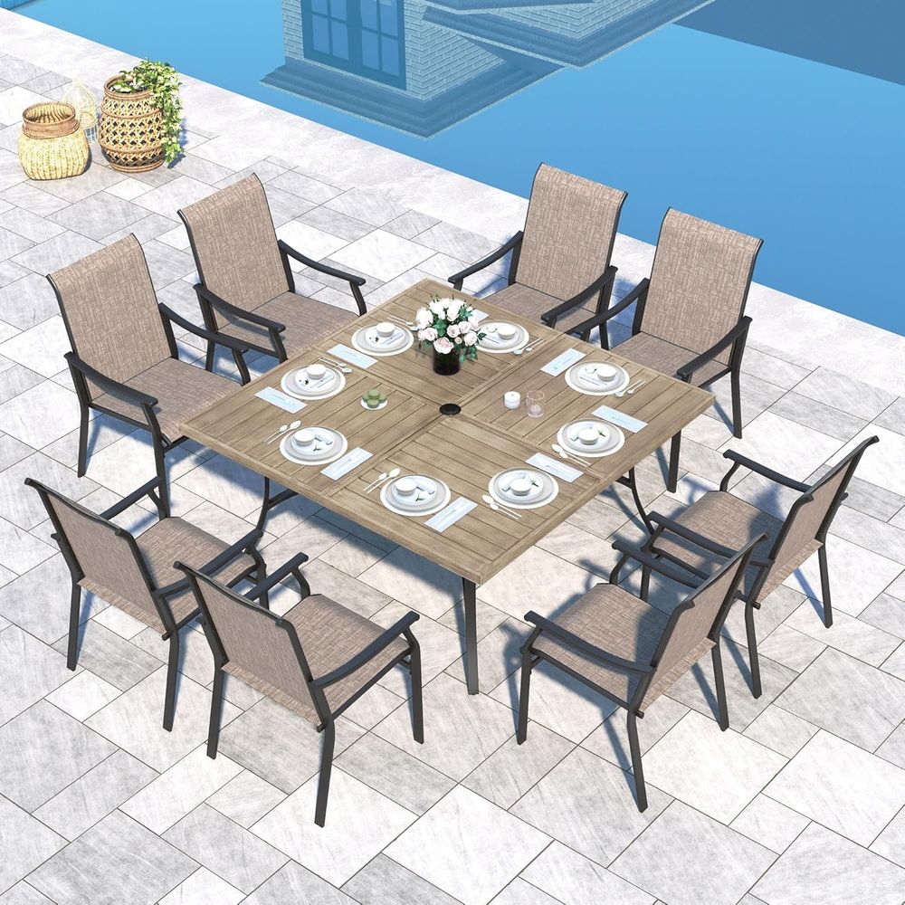 Outdoor Furniture Quick Dry - ชุดโต๊ะรับประทานอาหารกลางแจ้ง 9 ชิ้น, เก้าอี้ผ้าเท็กซ์ทีลีนแห้งเร็ว 8 ตัว