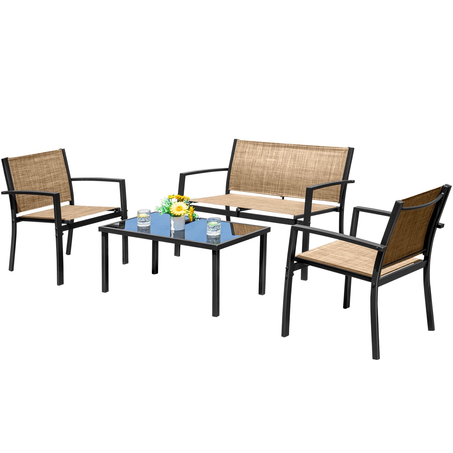 Outdoor Furniture Ofo - ชุดเฟอร์นิเจอร์กลางแจ้ง 4 ชิ้น ชุดสนทนาสำหรับลานบ้าน เฟอร์นิเจอร์ระเบียงพร้อมเก้าอี้สนามหญ้าและโต๊ะกาแฟกระจก สำหรับการปรับแต่งตามความต้องการ