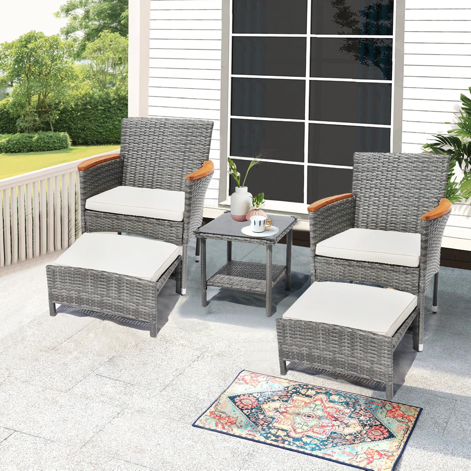 Outdoor Furniture Ofo - ชุดเฟอร์นิเจอร์สนามกลางแจ้ง 5 ชิ้น พร้อมโต๊ะและเก้าอี้สตูล ชุดเฟอร์นิเจอร์สนามกลางแจ้ง ชุดเฟอร์นิเจอร์หวายสำหรับระเบียง