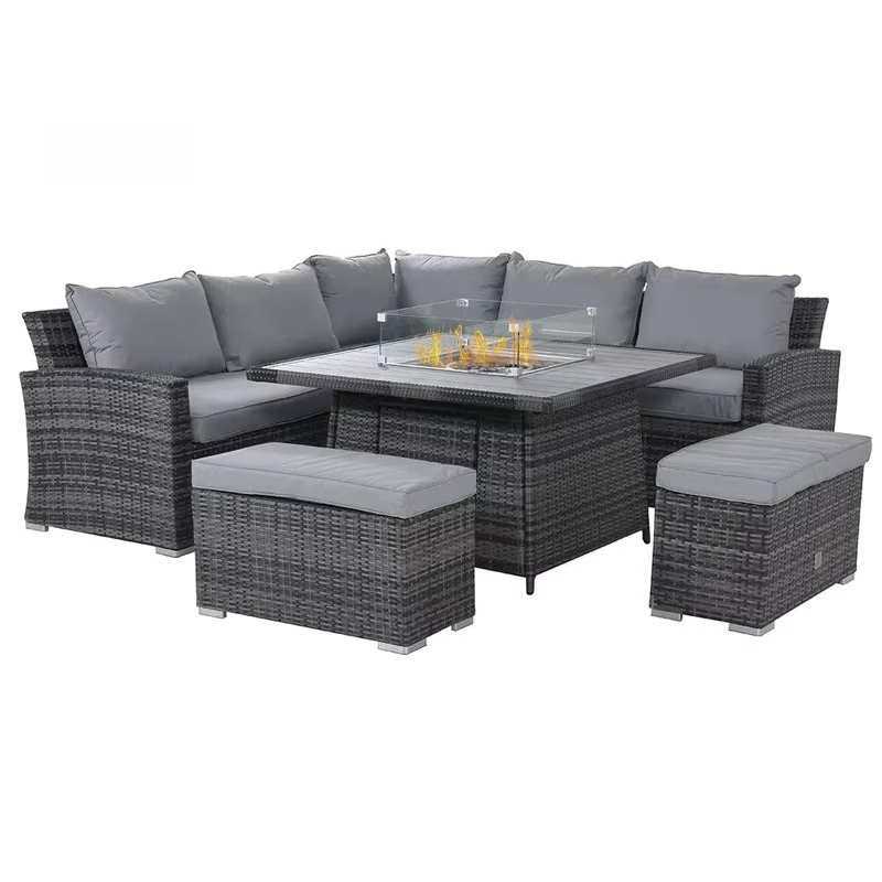 Outdoor Furniture Set With Fire Pit - ชุดเฟอร์นิเจอร์สำหรับลานบ้าน พร้อมโต๊ะมีเตาผิง ชุดโต๊ะนั่งพูดคุยกลางแจ้งกันน้ำ โครงอะลูมิเนียม ชุดโซฟาหวายสำหรับสวน พร้อมเตาผิง
