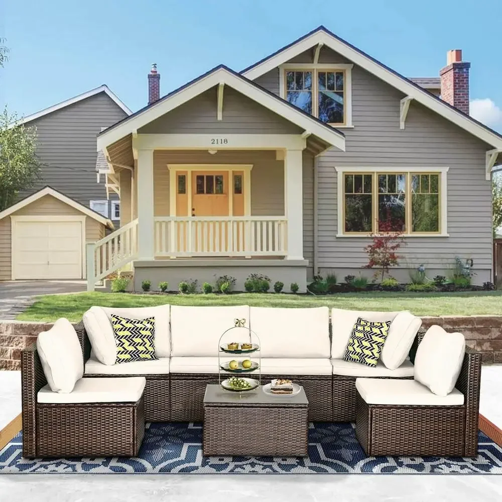 Outdoor Furniture Ofo - ชุดเฟอร์นิเจอร์หวายกลางแจ้ง 7 ชิ้น พร้อมโซฟา โต๊ะกาแฟ และเบาะสีกากี