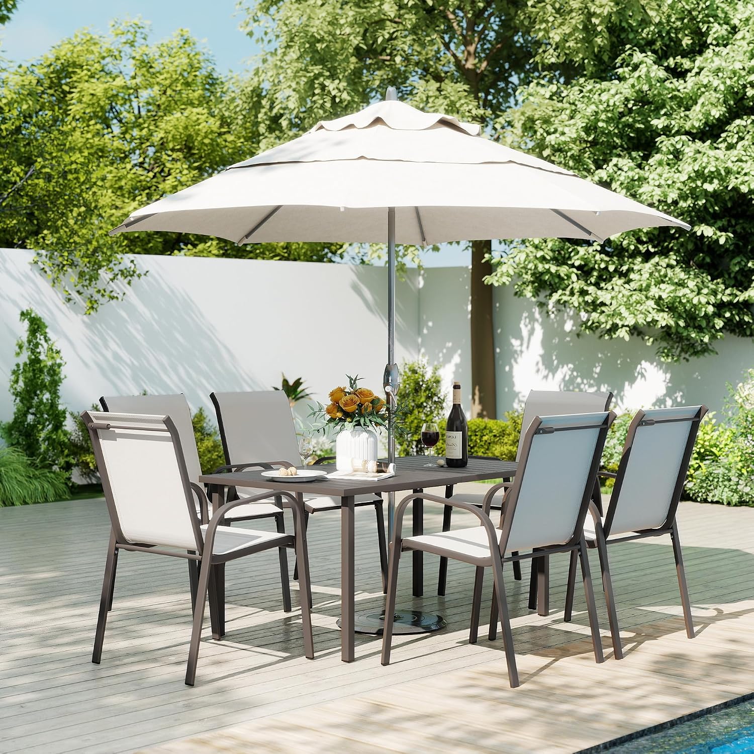 Outdoor Furniture Quick Dry - ชุดโต๊ะรับประทานอาหารกลางแจ้ง, เก้าอี้รับประทานอาหารผ้าเท็กซ์ทีลีนแห้งเร็ว 6 ตัว และโต๊ะรับประทานอาหารพร้อมช่องสำหรับร่ม, สามารถวางซ้อนกันได้,