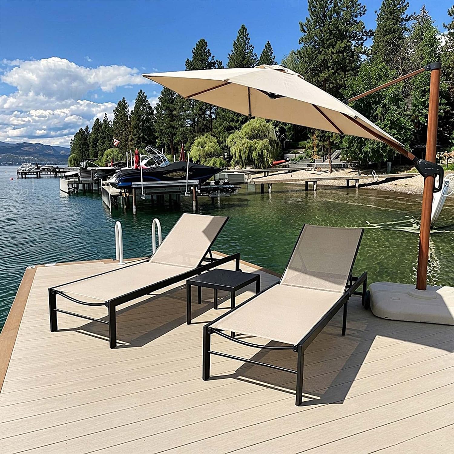 Outdoor Furniture Quick Dry - ชุดเก้าอี้พักผ่อนกลางแจ้งพร้อมล้อเลื่อนและโต๊ะ สีเบจ | ขา 3 ขาที่มั่นคง,