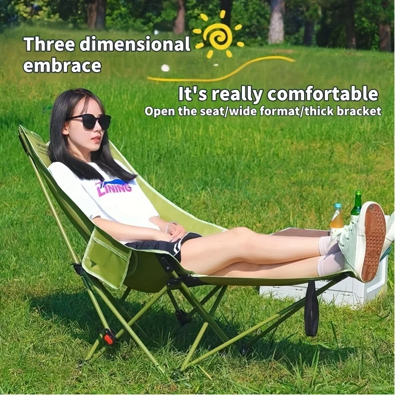Outdoor Furniture Used - เก้าอี้พระจันทร์พับแบบปรับได้แบบพกพาสําหรับการตั้งแคมป์ ตกปลา และผ่อนคลายกลางแจ้ง - โครงเหล็ก รองรับขา