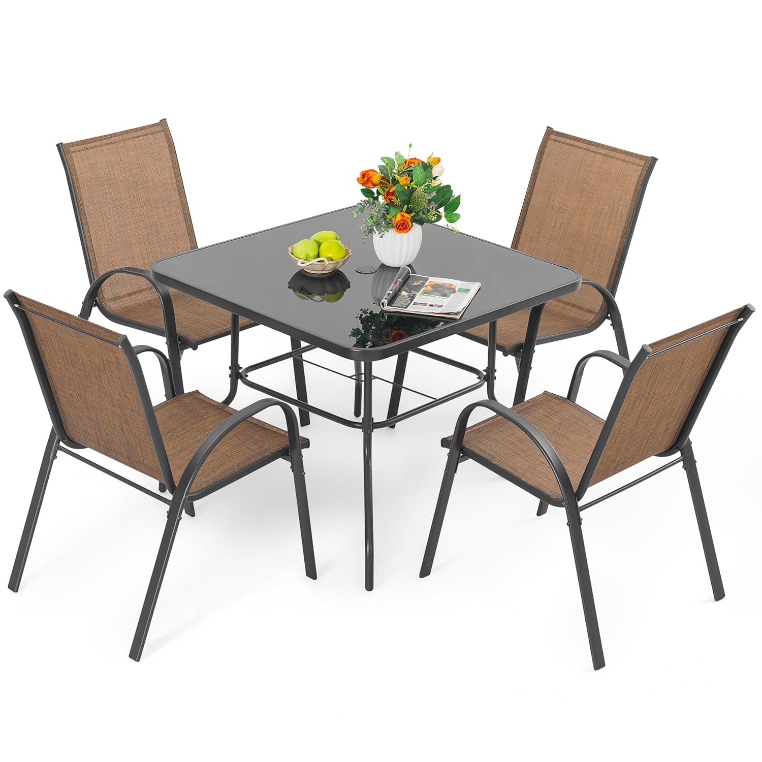 Outdoor Furniture Ofo - ชุดโต๊ะรับประทานอาหารกลางแจ้ง 5 ชิ้น, โต๊ะโลหะพร้อมรูสำหรับร่มและเก้าอี้แบบซ้อนได้ 4 ตัว,