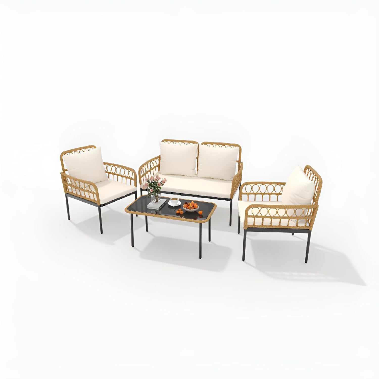 Outdoor Furniture Ofo - ชุดเฟอร์นิเจอร์ลานบ้าน 4 ชิ้น ชุดบิสโทรหวายกลางแจ้งพร้อมโต๊ะกระจกและเบาะหนานุ่มสไตล์โบโฮ สามารถปรับแต่งได้