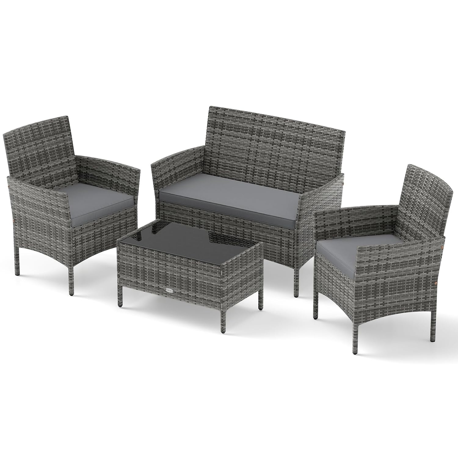 Outdoor Furniture Ofo - ชุดเฟอร์นิเจอร์ลานบ้าน 4 ชิ้น - ชุดโต๊ะเก้าอี้หวายสำหรับพักผ่อนกลางแจ้ง พร้อมเบาะรองนั่ง