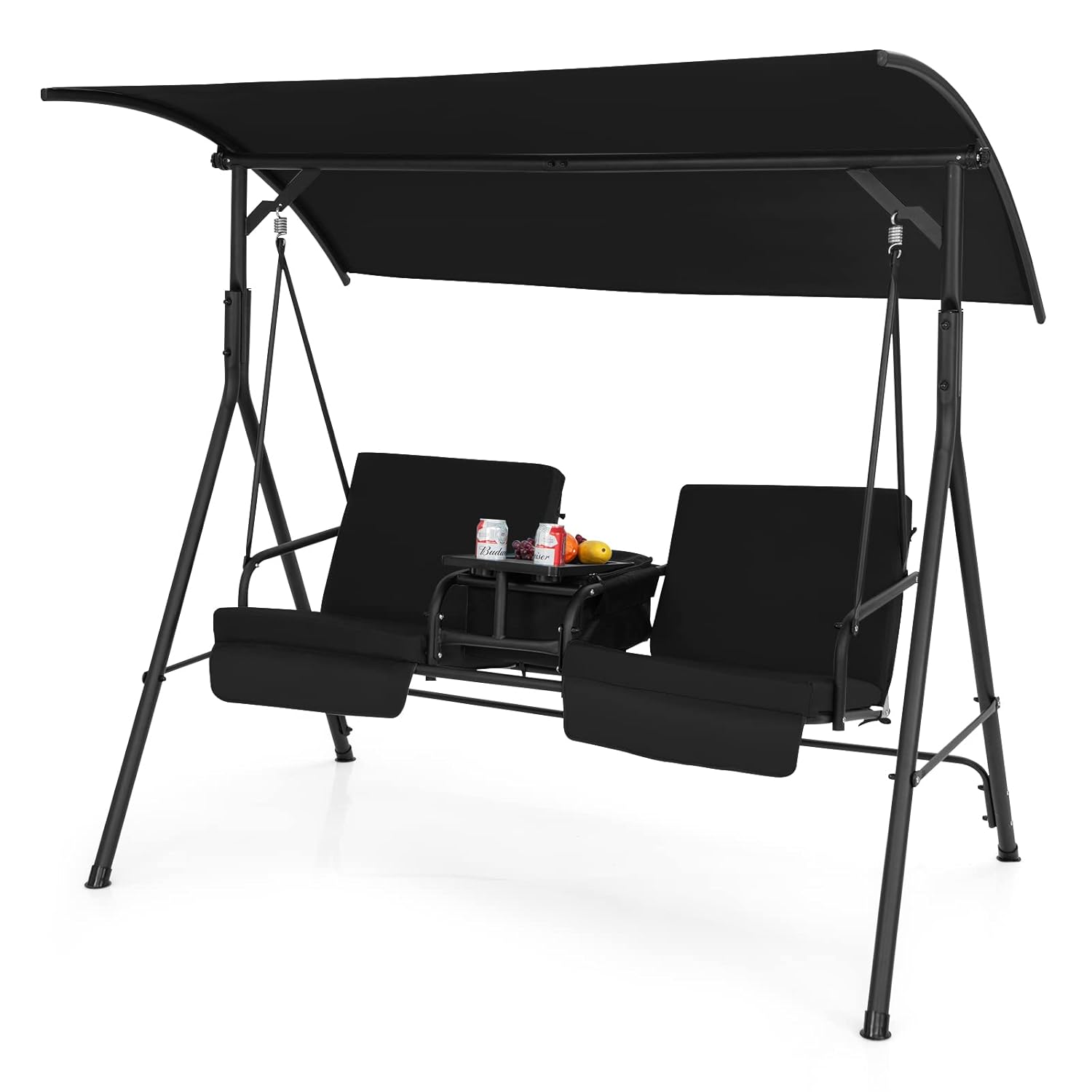 Outdoor Furniture Ofo - ชิงช้าสำหรับ 2 คน, ชิงช้ากลางแจ้งพร้อมโต๊ะเก็บของแบบหมุนได้, กระเป๋าเก็บความเย็น, ที่วางแก้ว