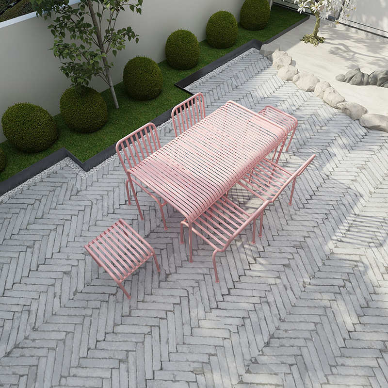 Outdoor Furniture Ofo - ชุดโต๊ะและเก้าอี้เหล็กดัดสีชมพูสำหรับสวน เฟอร์นิเจอร์กลางแจ้งสไตล์เรียบง่ายรูปทรงตัว O สำหรับพักผ่อน ได้รับความนิยมในอินเทอร์เน็ต