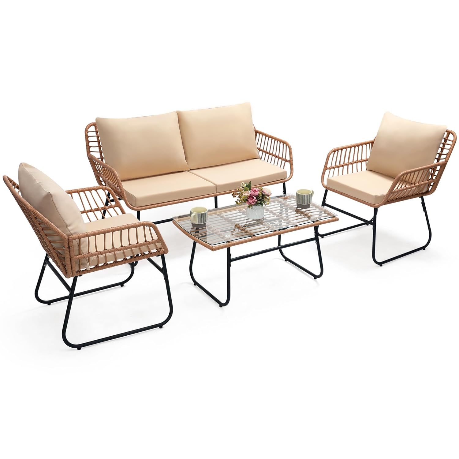 Outdoor Furniture Ofo - ชุดเฟอร์นิเจอร์กลางแจ้งสำหรับลานบ้าน 4 ชิ้น, โซฟาหวาย, เก้าอี้หวาย 2