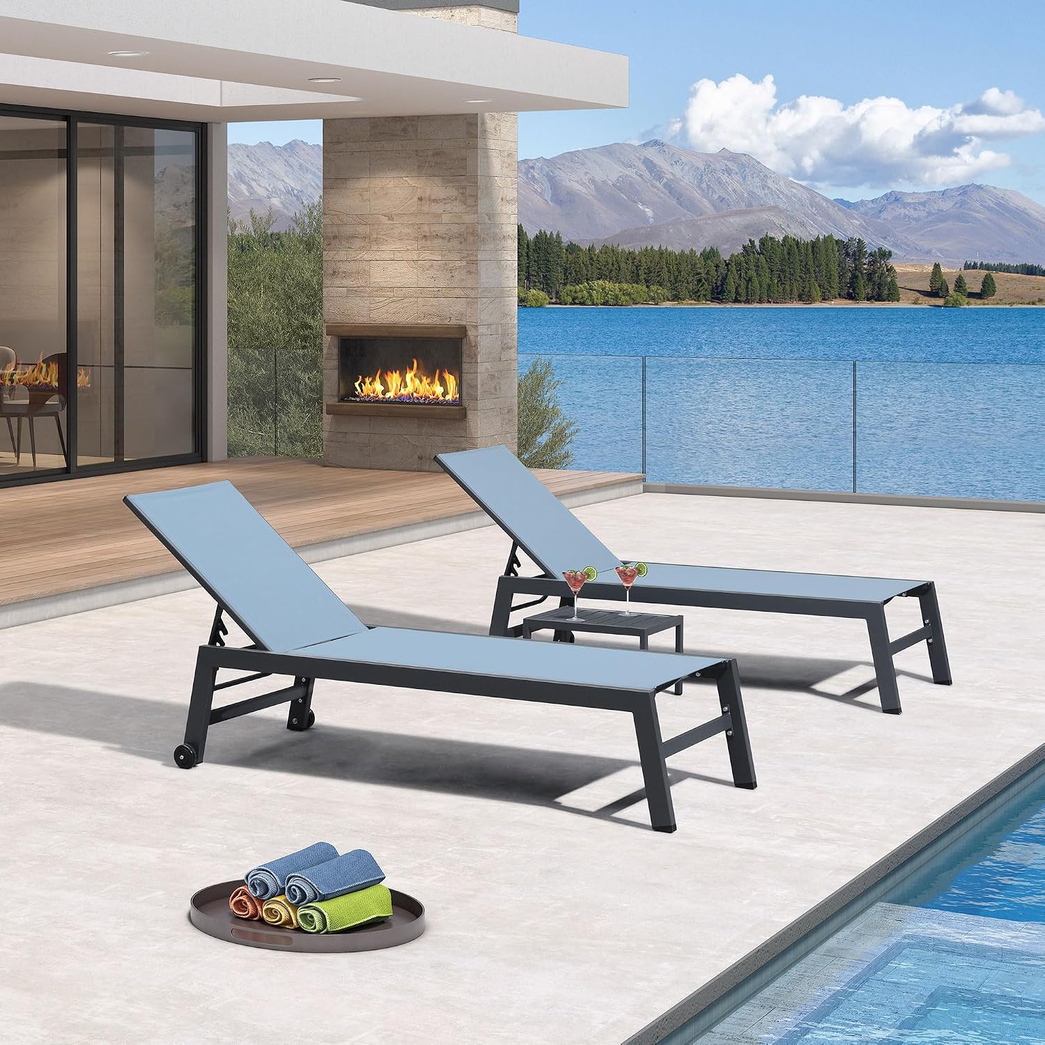 Outdoor Furniture Quick Dry - ชุดเก้าอี้พักผ่อนผ้าเท็กซ์ทีลีนแห้งเร็วสำหรับ 2 คน, ตาข่ายทนต่อการซีดจาง, สีเขียวอมฟ้า, ปรับแต่งได้