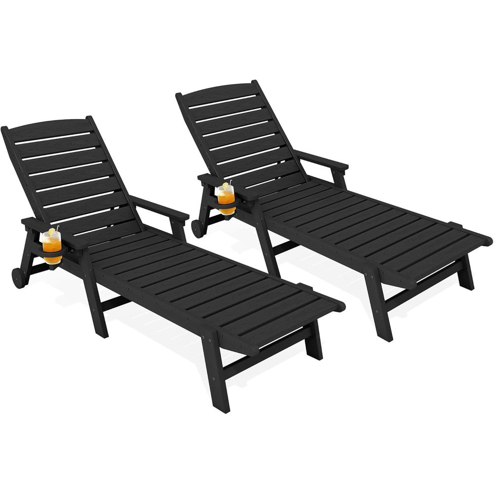 Outdoor Furniture Ofo - ชุดเก้าอี้พักผ่อน HDPE สำหรับกลางแจ้ง 2 ตัว, เก้าอี้ปรับเอนสำหรับลานบ้านพร้อมที่วางแก้ว