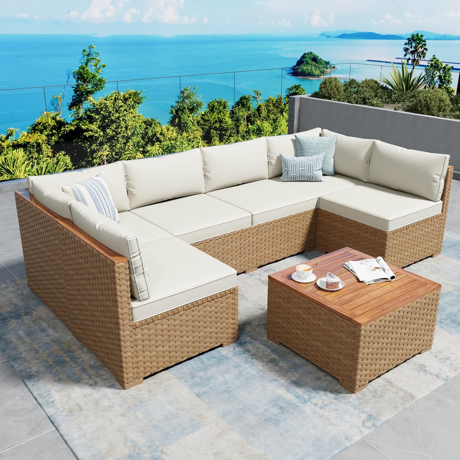 Outdoor Furniture Ofo - ชุดเฟอร์นิเจอร์หวายสำหรับลานบ้าน Sunshine Valley, 7 ชิ้น แบบแยกส่วนสำหรับกลางแจ้ง