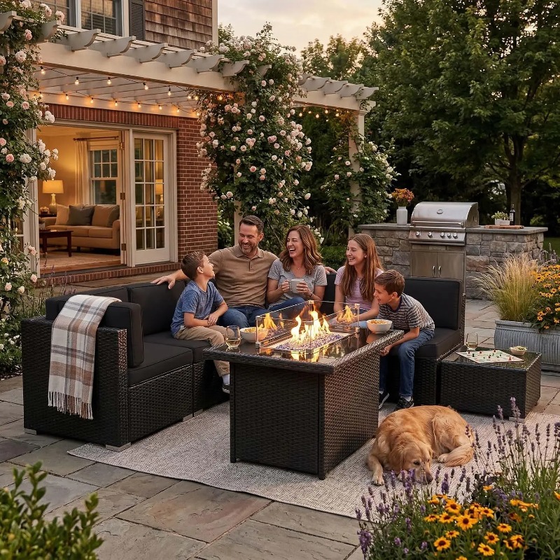 ชุดโซฟาหวายสำหรับลานกลางแจ้ง 8 - Outdoor Furniture Set With Fire Pit บทวิจารณ์และราคา